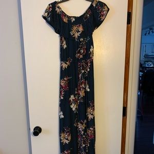 Navy-flower printed, off the shoulder maxi dress